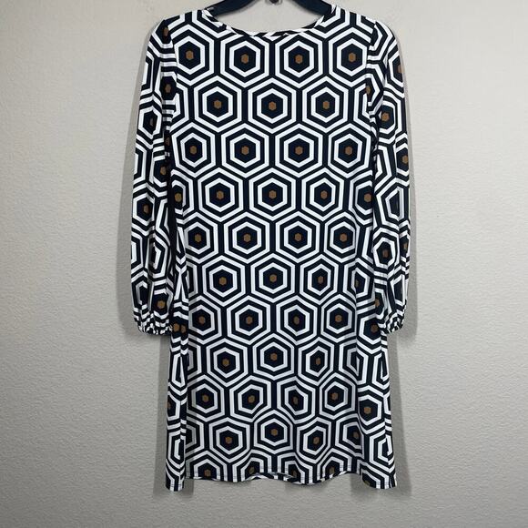 Jude Connally Small Geo Honeycomb Shift Dress Black White Crew Neck Long Sleeves - Picture 6 of 7